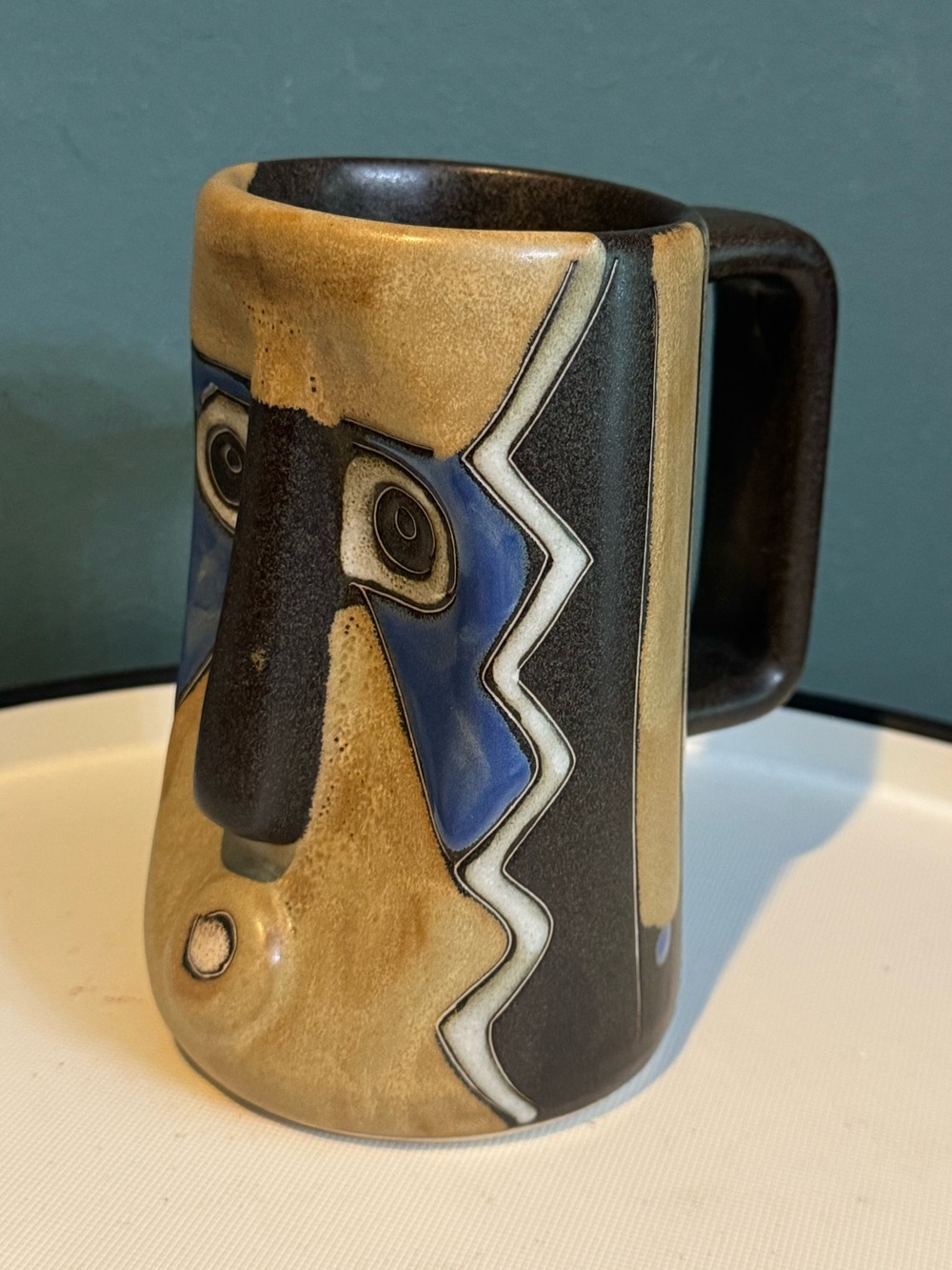 Mara Sculpted Pottery Mug Stein 15oz - Dark Tribal Mask